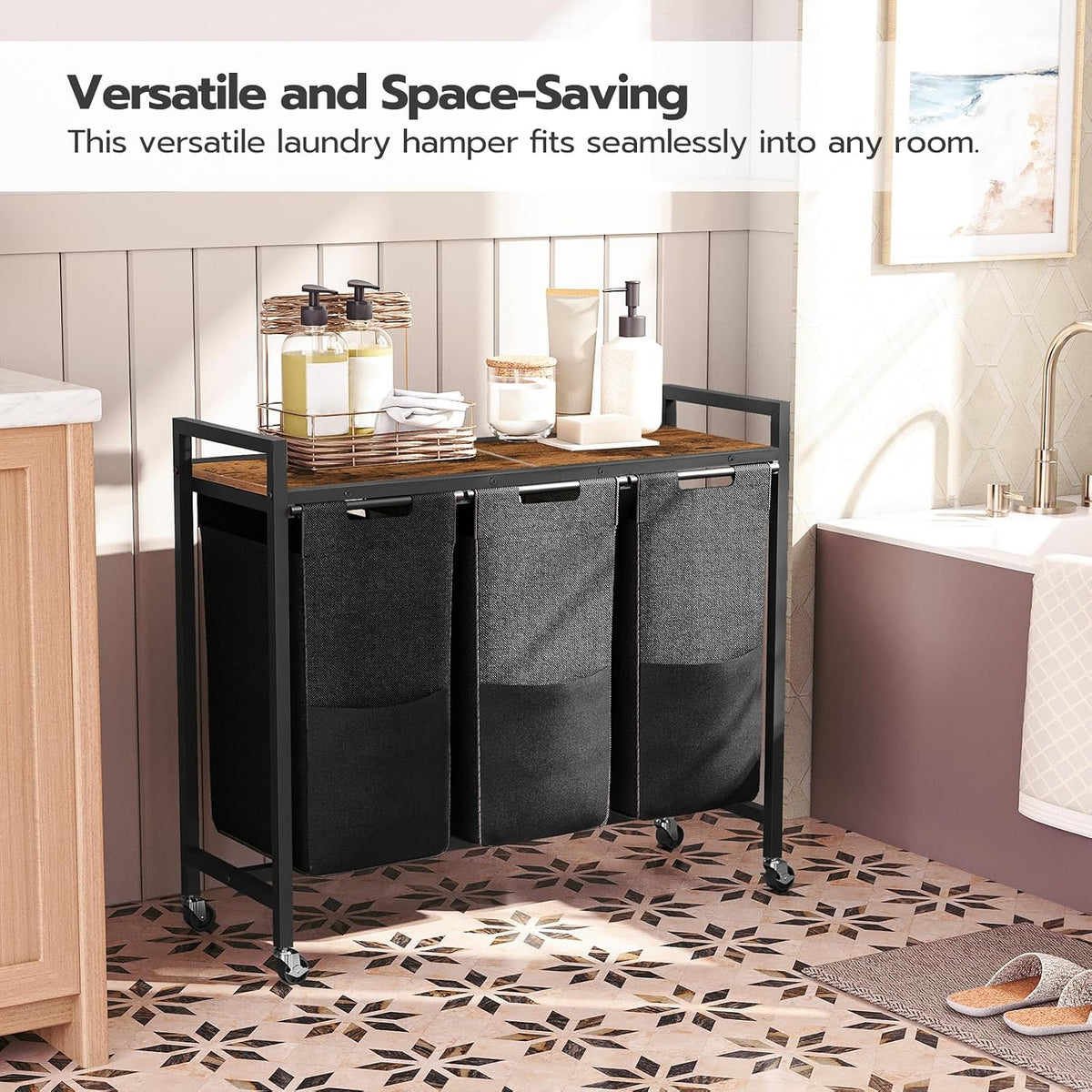 HOOBRO Laundry Sorter 3 Section, Laundry Hamper with Wheels, 3 × 11.5 Gal (43.5 L), Rolling Laundry Basket, Pull-Out and Removable Oxford Fabric Laundry Bags, Rustic Brown and Black BF76XY01