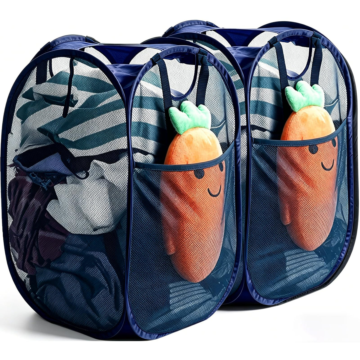 HOUSE AGAIN 2 Pack Strong Mesh Pop Up Laundry Hamper, 70L Collapsible Laundry Basket with Steel Frame, Double‑Stitched Handles & Side Pocket, Foldable Dirty Clothes Hamper for Dorm, Bedroom, Black