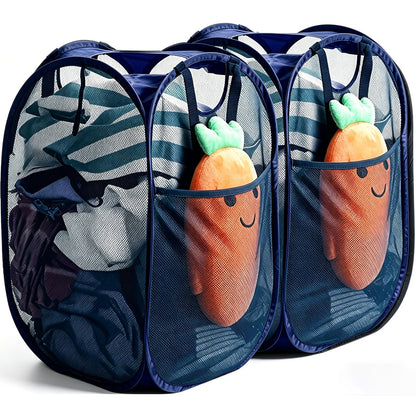 HOUSE AGAIN 2 Pack Strong Mesh Pop Up Laundry Hamper, 70L Collapsible Laundry Basket with Steel Frame, Double‑Stitched Handles & Side Pocket, Foldable Dirty Clothes Hamper for Dorm, Bedroom, Black
