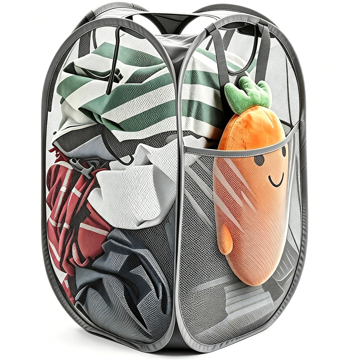 HOUSE AGAIN 2 Pack Strong Mesh Pop Up Laundry Hamper, 70L Collapsible Laundry Basket with Steel Frame, Double‑Stitched Handles & Side Pocket, Foldable Dirty Clothes Hamper for Dorm, Bedroom, Black