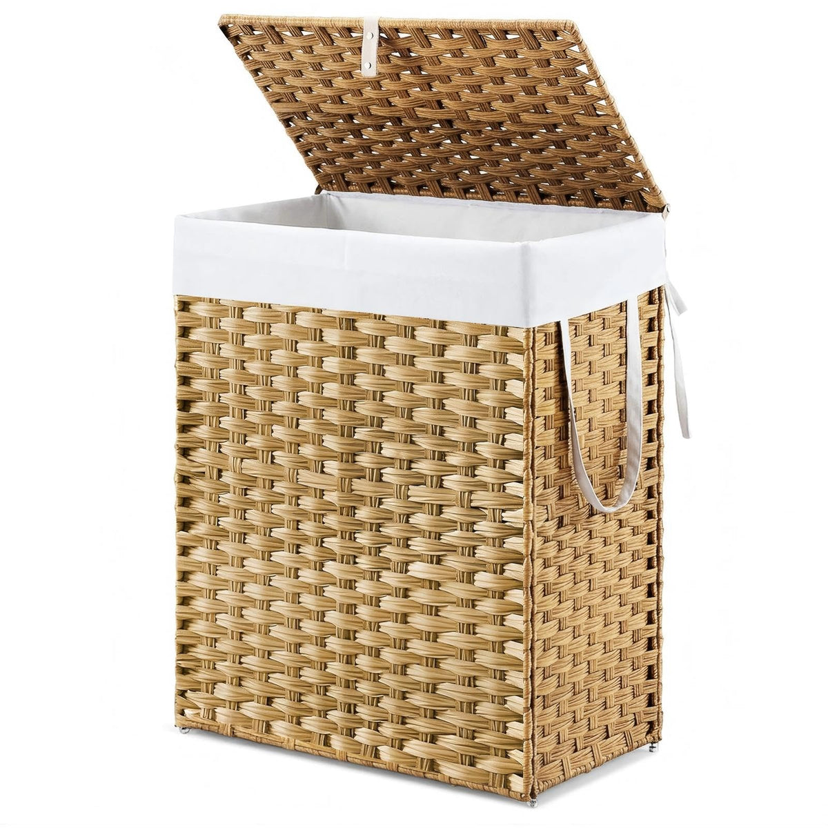 DUMOS Woven Laundry Basket with Lid, 90L Large Capacity Hamper, Removable & Machine-Washable Liner, Foldable Rattan Clothes Hamper, Sturdy Steel Frame, Odor Control, Dove Gray