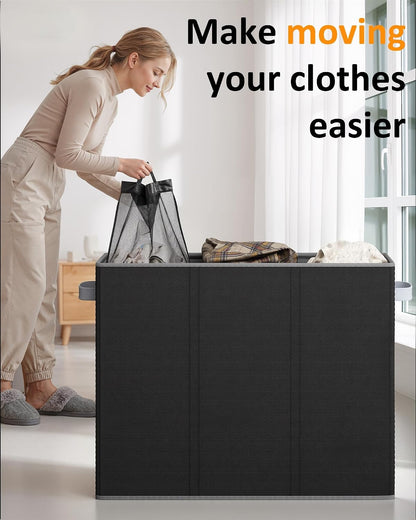 Optish 180L Laundry Hamper 3 Section, Large Hamper with Mesh Bags & Lid