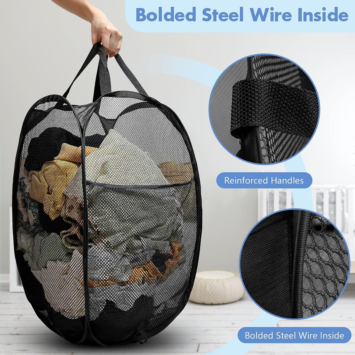 Pop Up Laundry Hamper, 70L Collapsible Mesh Basket with Side Pocket, Black
