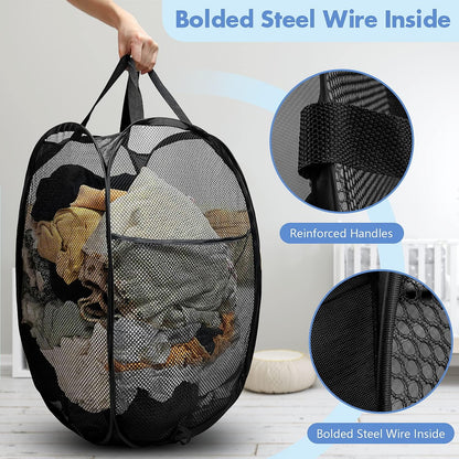 Pop Up Laundry Hamper, 70L Collapsible Mesh Basket with Side Pocket, Black