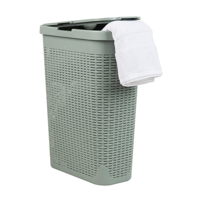 Mind Reader Slim Laundry Hamper with Lid, 40L Clothes Basket, Narrow Tapered Design with Ventilated Cutout Pattern, Plastic, White