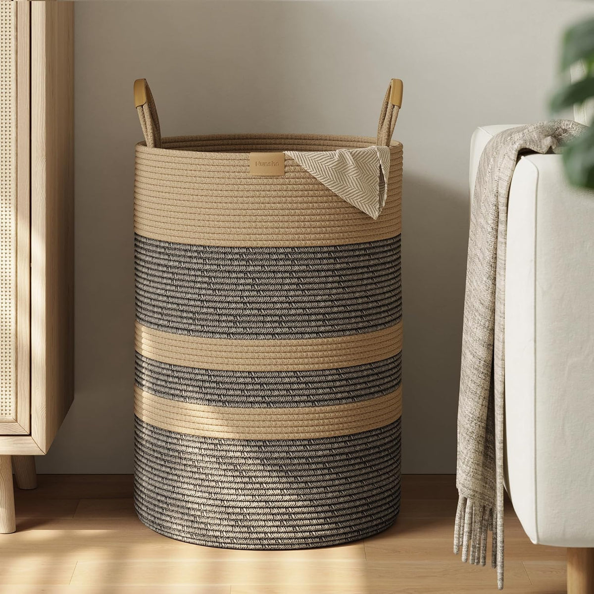 Nunsino 95L Striped Laundry Hamper with Leather Handles,Large Foldable Laundry Basket for Clothes,Cotton Rope Storage Bin for Blankets,Woven Clothes Basket for Bedroom,Dark Brown Stripes