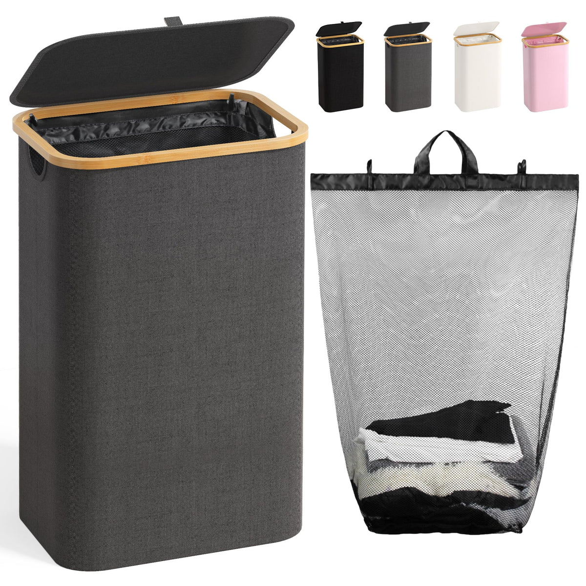 160L Laundry Hamper with Lid, 3 Section Laundry Basket with 3 Removable Bag