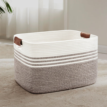 72L Large Woven Laundry Basket Hamper with Leather Handles,Brown