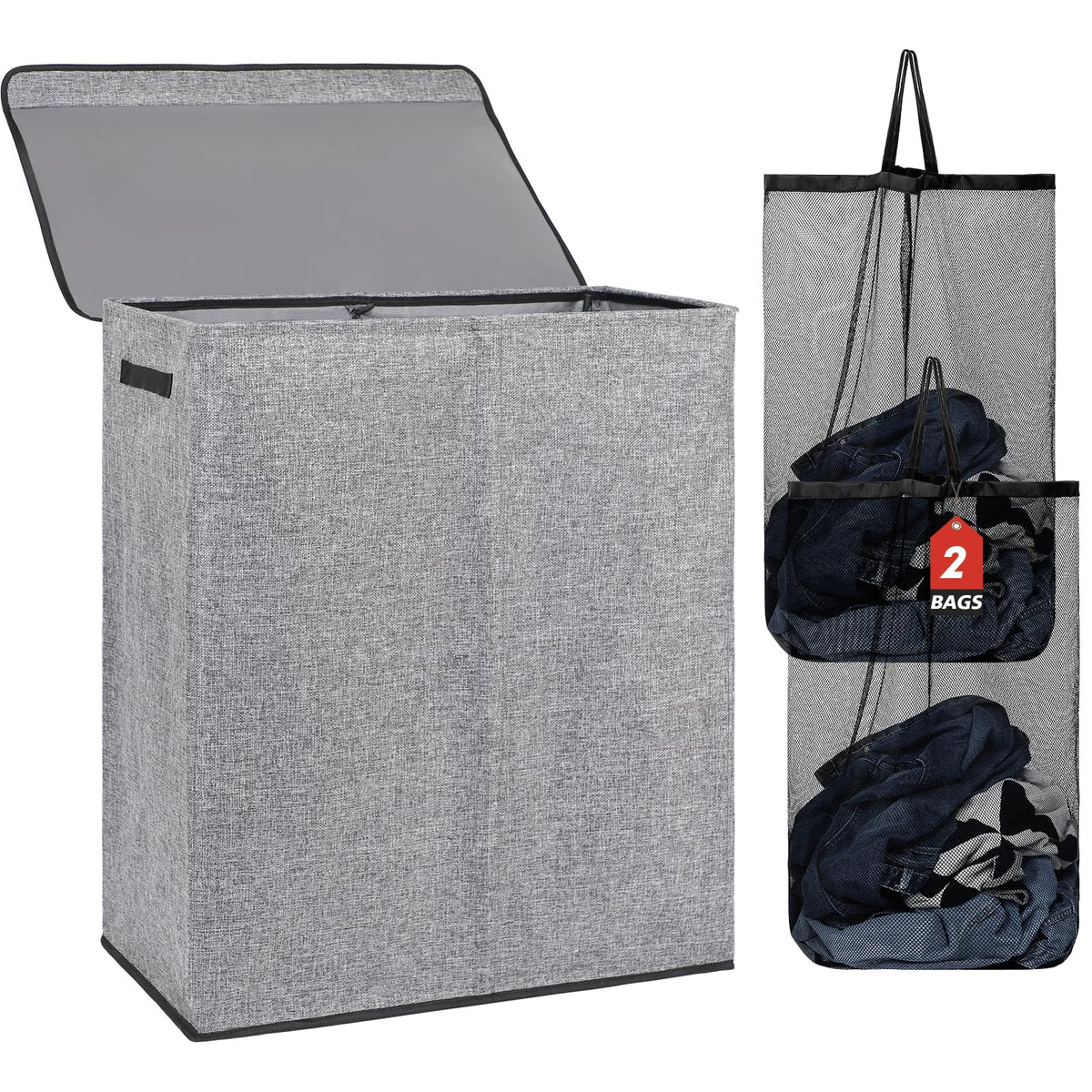 DOKEHOM 160L Double Laundry Basket Hamper with Lid & Removable Bags, Black