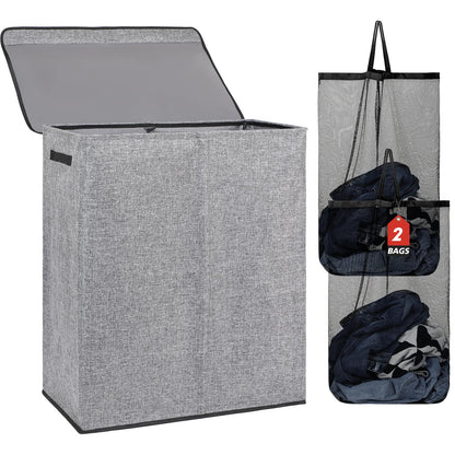 DOKEHOM 160L Double Laundry Basket Hamper with Lid & Removable Bags, Black