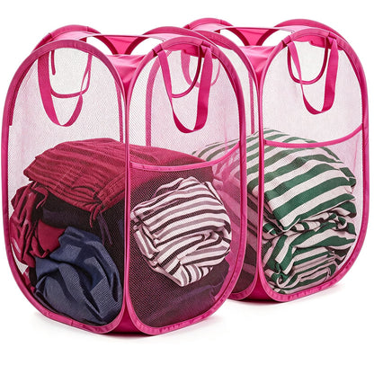 HOUSE AGAIN 2 Pack Strong Mesh Pop Up Laundry Hamper, 70L Collapsible Laundry Basket with Steel Frame, Double‑Stitched Handles & Side Pocket, Foldable Dirty Clothes Hamper for Dorm, Bedroom, Black