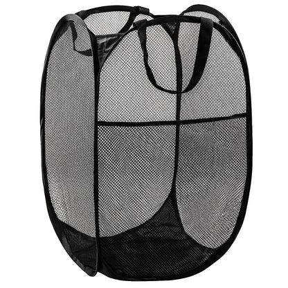 Pop Up Laundry Hamper, 70L Collapsible Mesh Basket with Side Pocket, Black