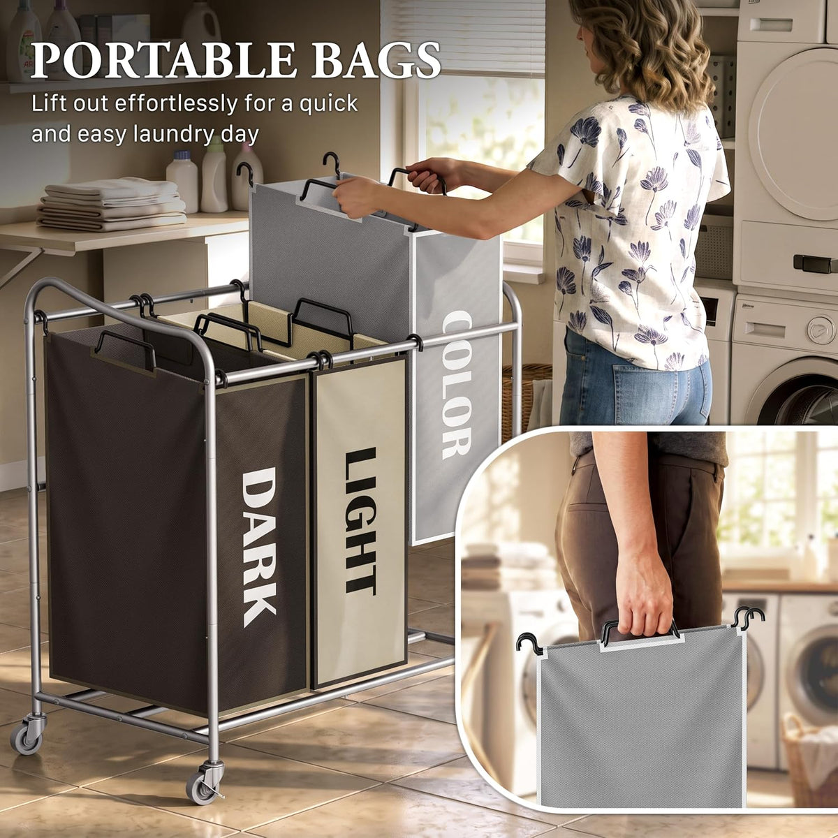 Simple Houseware Heavy Duty 3-Bag Laundry Sorter Rolling Cart, Assorted