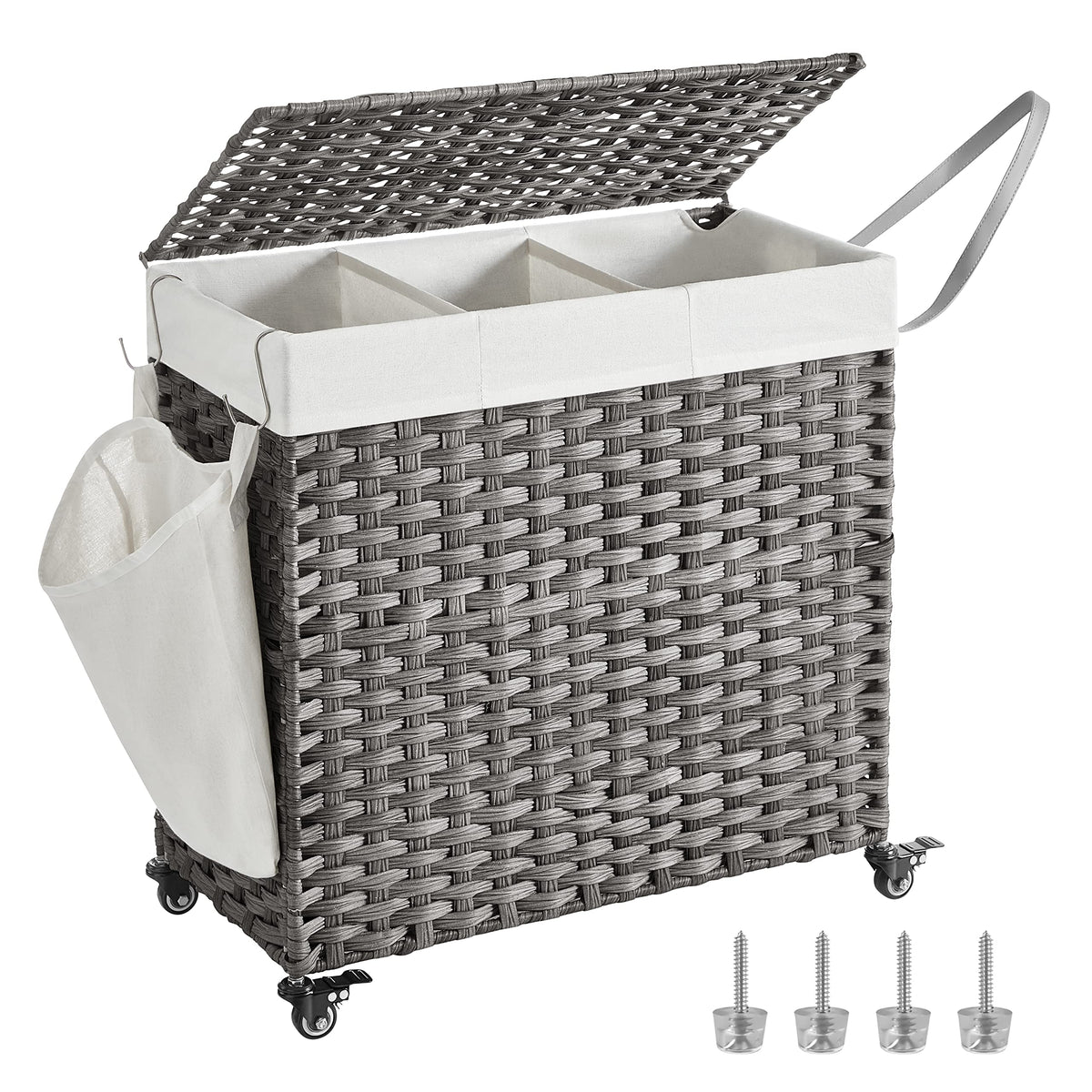 SONGMICS Rolling Laundry Hamper with Lid, 160 L 3-Section Synthetic Rattan
