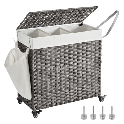 SONGMICS Rolling Laundry Hamper with Lid, 160 L 3-Section Synthetic Rattan