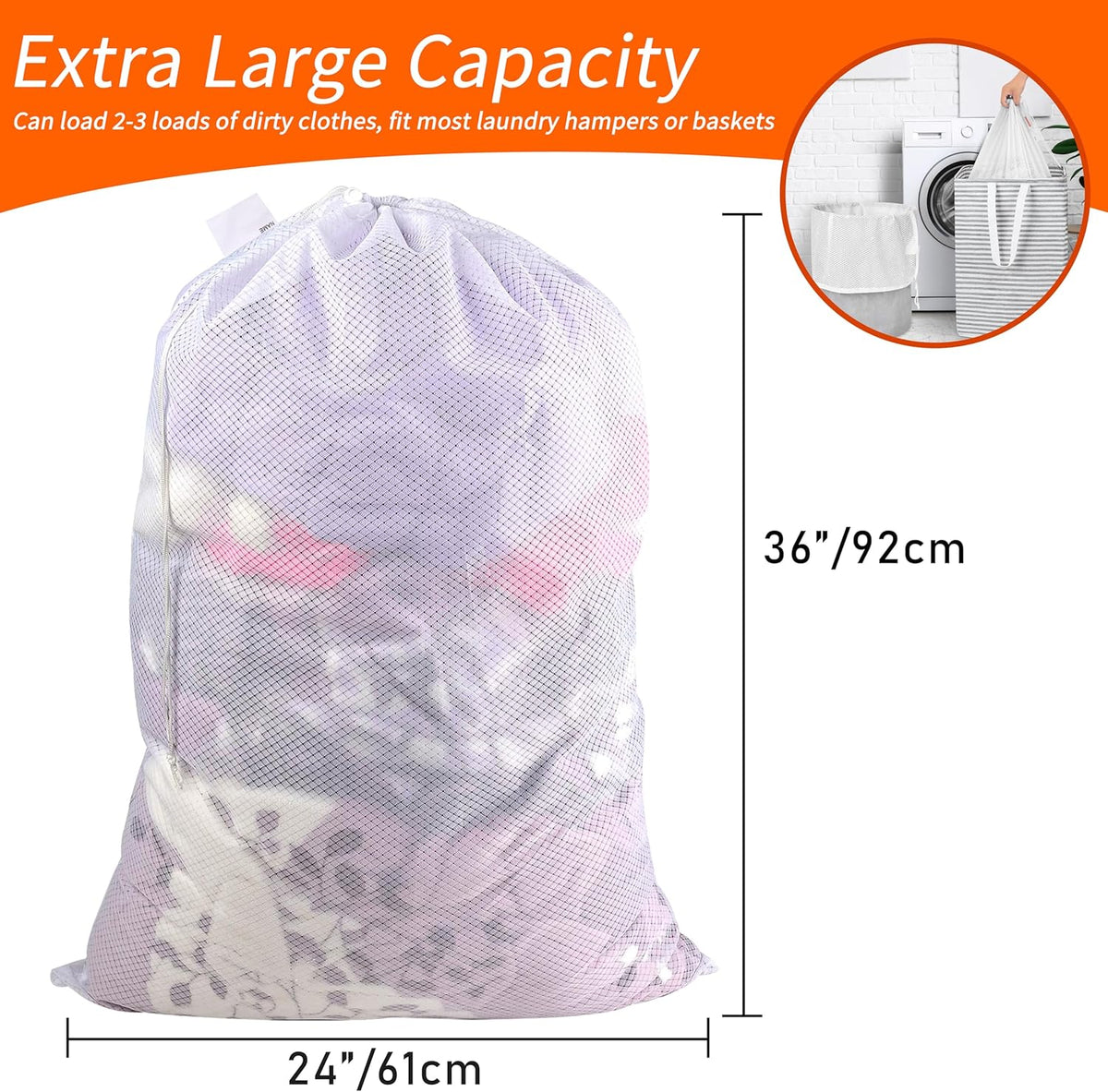 Polecasa 2 Pack Heavy Duty Diamond Mesh Laundry Bag, 24x36", White