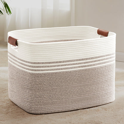 72L Large Woven Laundry Basket Hamper with Leather Handles,Brown