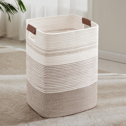 72L Large Woven Laundry Basket Hamper with Leather Handles,Brown