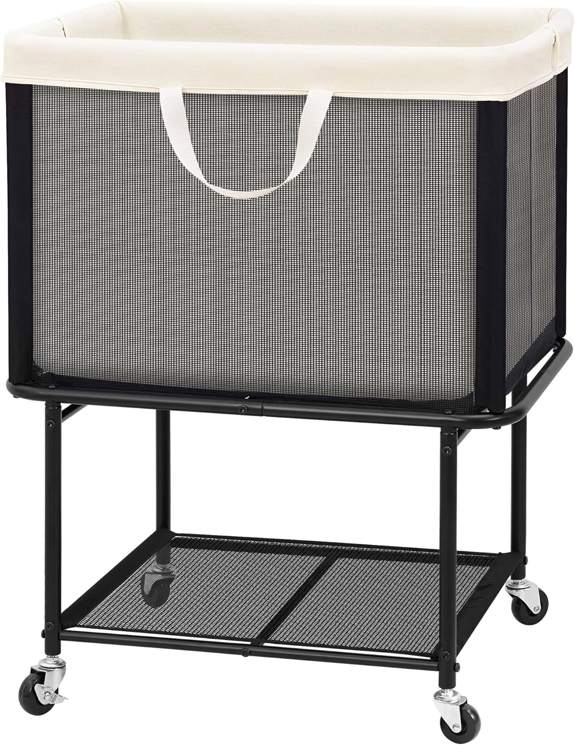 STO STO Rolling Laundry Hamper with Lockable Wheels, 29-Gallon (110L) Laundry Cart with Removable Canvas Bag, 2-Tier Clothes Basket Hamper with Shelf for Closet, Bedroom, Bathroom, Laundry Room, Beige