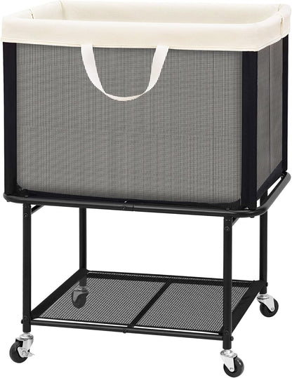 STO STO Rolling Laundry Hamper with Lockable Wheels, 29-Gallon (110L) Laundry Cart with Removable Canvas Bag, 2-Tier Clothes Basket Hamper with Shelf for Closet, Bedroom, Bathroom, Laundry Room, Beige