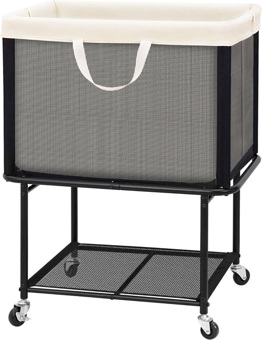 STO STO Rolling Laundry Hamper with Lockable Wheels, 29-Gallon (110L) Laundry Cart with Removable Canvas Bag, 2-Tier Clothes Basket Hamper with Shelf for Closet, Bedroom, Bathroom, Laundry Room, Beige