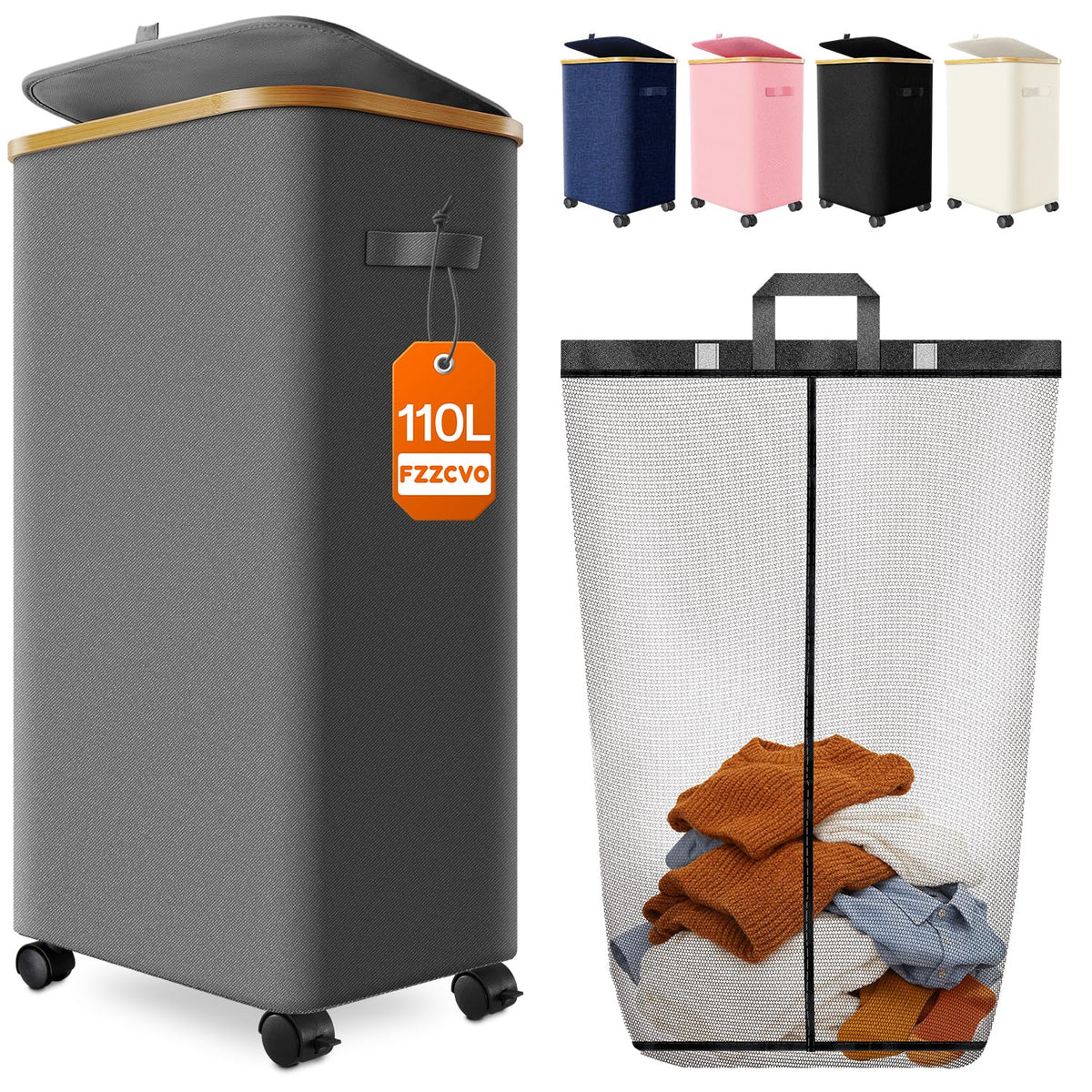 Double Laundry Basket with Wheels and Lid, 150L Clothes Hampers for Laundry