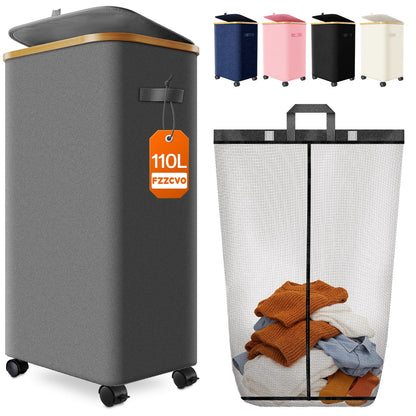 Double Laundry Basket with Wheels and Lid, 150L Clothes Hampers for Laundry
