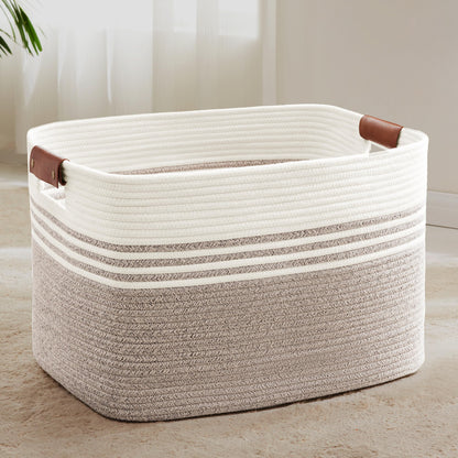 72L Large Woven Laundry Basket Hamper with Leather Handles,Brown