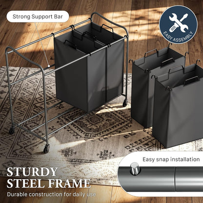 Simple Houseware 4-Bag Heavy Duty Laundry Sorter Rolling Cart, Dark Grey