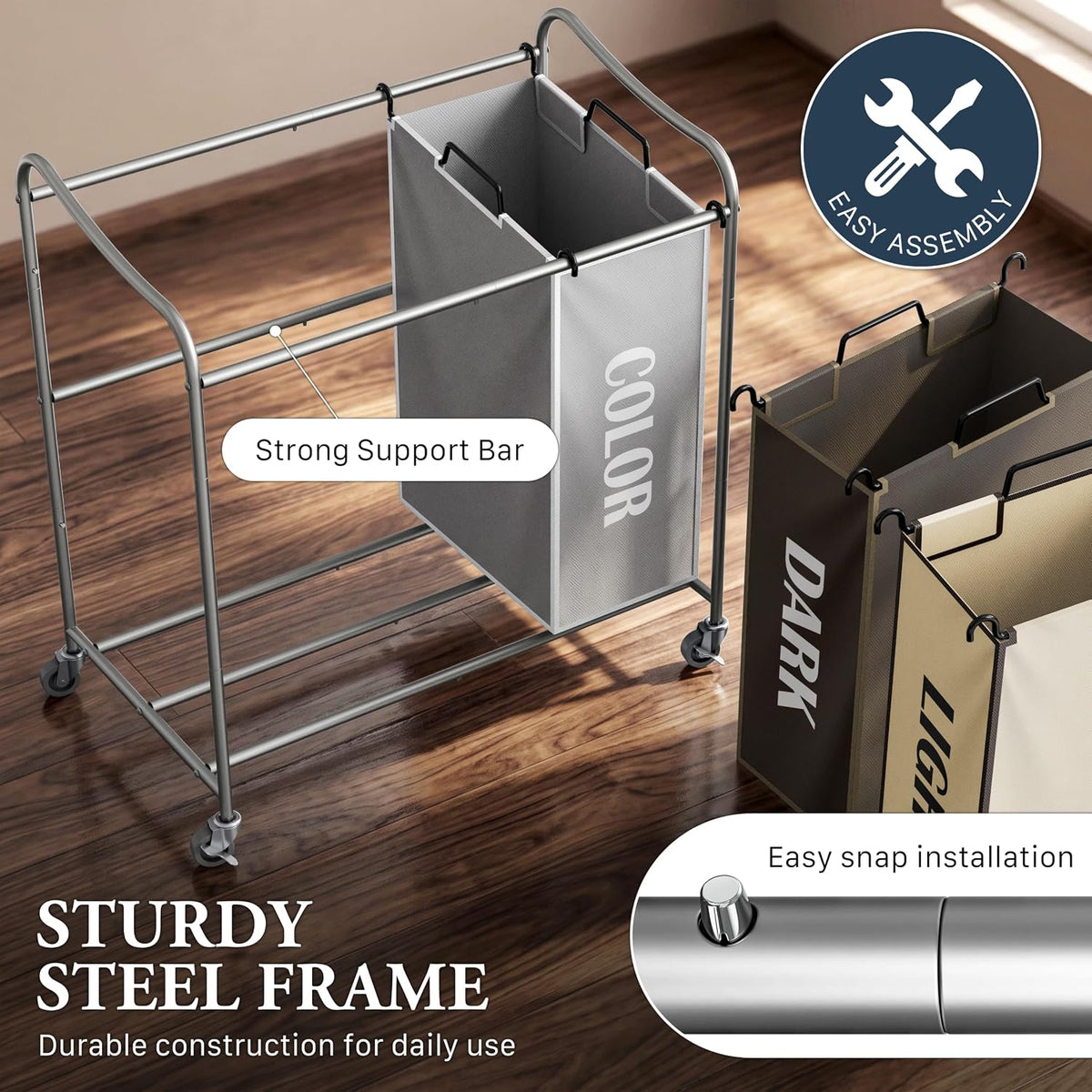 Simple Houseware Heavy Duty 3-Bag Laundry Sorter Rolling Cart, Assorted