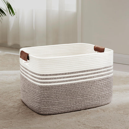 72L Large Woven Laundry Basket Hamper with Leather Handles,Brown