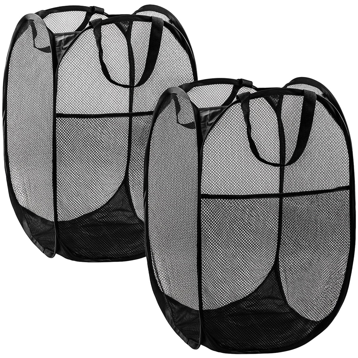 Pop Up Laundry Hamper, 70L Collapsible Mesh Basket with Side Pocket, Black