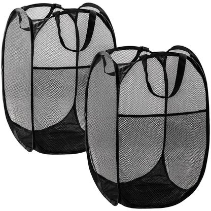 Pop Up Laundry Hamper, 70L Collapsible Mesh Basket with Side Pocket, Black