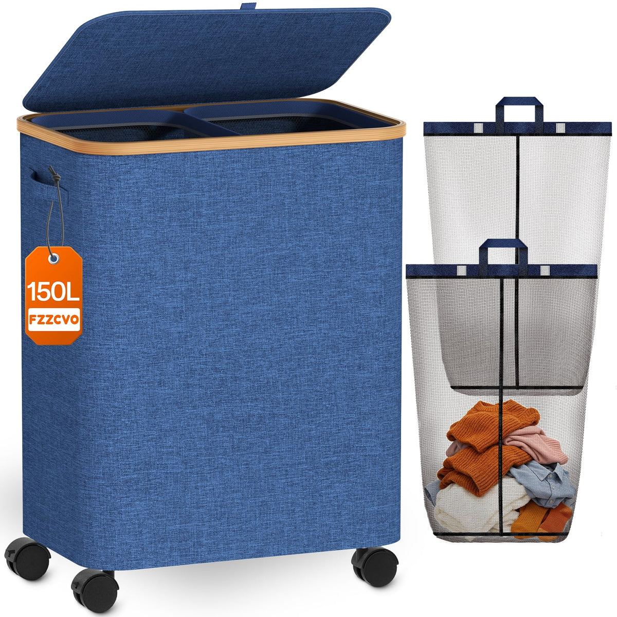 Double Laundry Basket with Wheels and Lid, 150L Clothes Hampers for Laundry