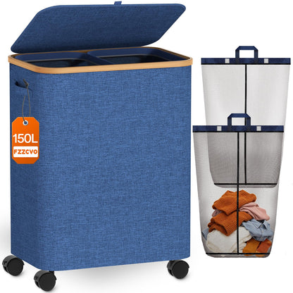 Double Laundry Basket with Wheels and Lid, 150L Clothes Hampers for Laundry