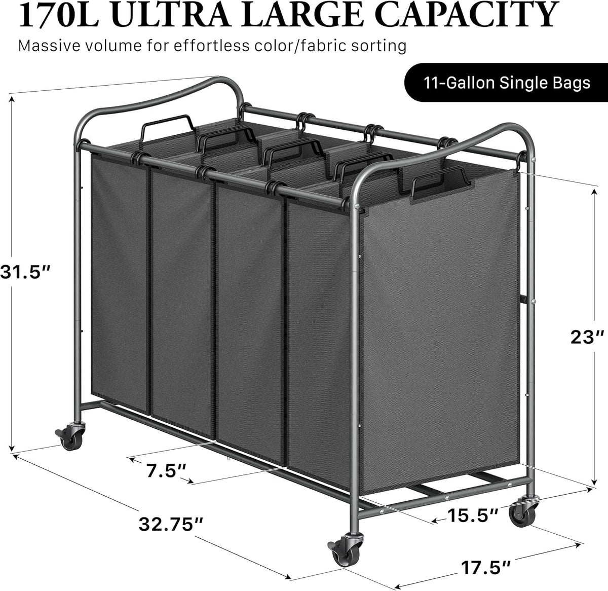 Simple Houseware 4-Bag Heavy Duty Laundry Sorter Rolling Cart, Dark Grey