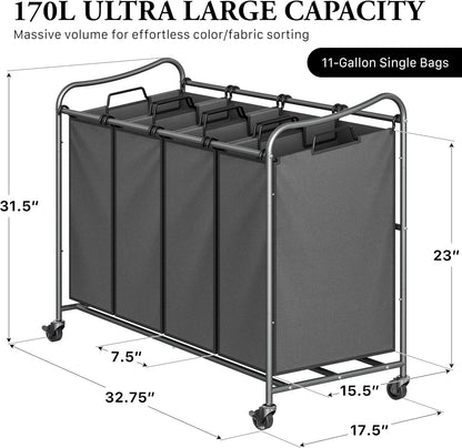 Simple Houseware 4-Bag Heavy Duty Laundry Sorter Rolling Cart, Dark Grey
