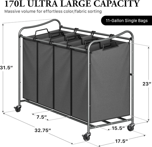 Simple Houseware 4-Bag Heavy Duty Laundry Sorter Rolling Cart, Dark Grey
