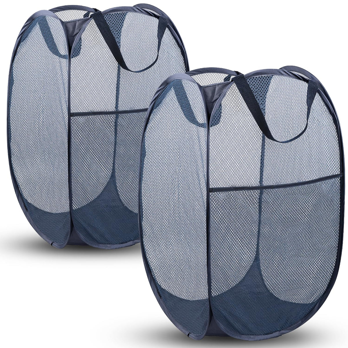 Pop Up Laundry Hamper, 70L Collapsible Mesh Basket with Side Pocket, Black