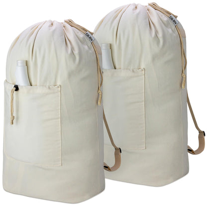 Laundry Bag Backpack, Canvas Laundry Bag with Straps & Drawstring, Beige XL