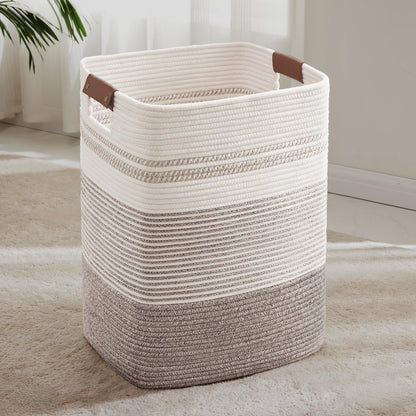 72L Large Woven Laundry Basket Hamper with Leather Handles,Brown