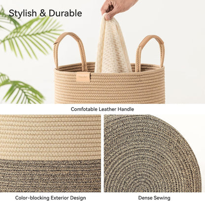 Nunsino 95L Striped Laundry Hamper with Leather Handles,Large Foldable Laundry Basket for Clothes,Cotton Rope Storage Bin for Blankets,Woven Clothes Basket for Bedroom,Dark Brown Stripes