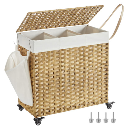 SONGMICS Rolling Laundry Hamper with Lid, 160 L 3-Section Synthetic Rattan