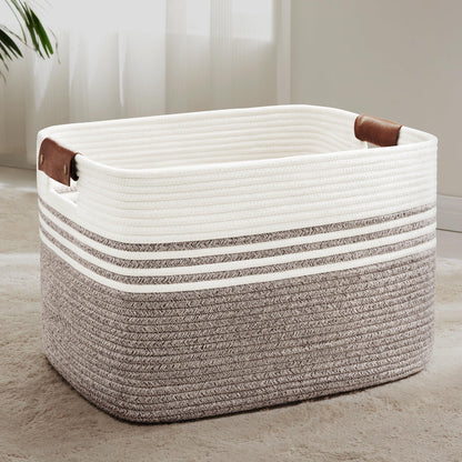 72L Large Woven Laundry Basket Hamper with Leather Handles,Brown