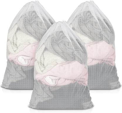 3 Pack Mesh Laundry Bags 23x34 Inch Drawstring Locking for Travel Home