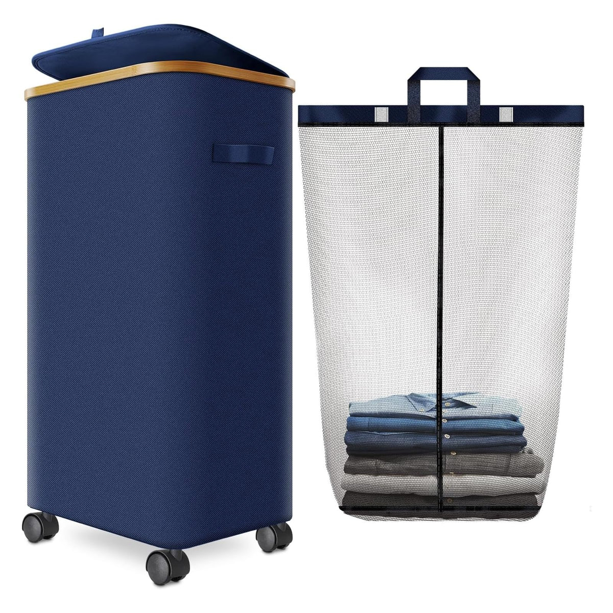 Double Laundry Basket with Wheels and Lid, 150L Clothes Hampers for Laundry