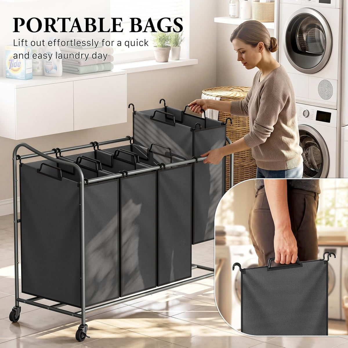 Simple Houseware 4-Bag Heavy Duty Laundry Sorter Rolling Cart, Dark Grey