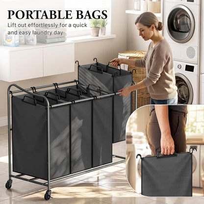 Simple Houseware 4-Bag Heavy Duty Laundry Sorter Rolling Cart, Dark Grey