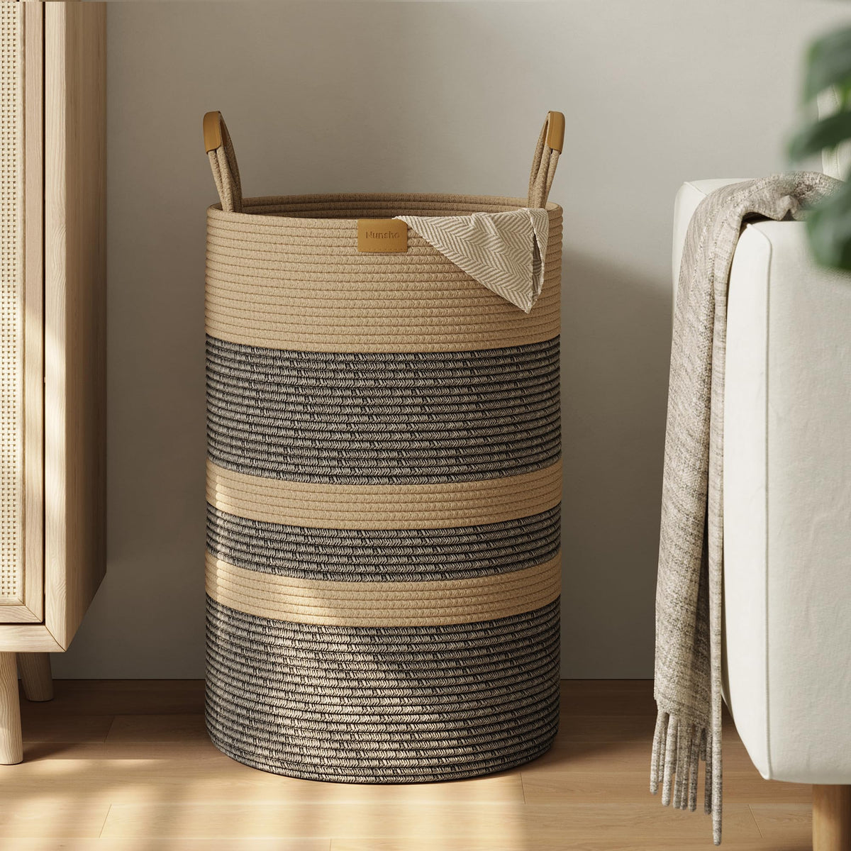 Nunsino 95L Striped Laundry Hamper with Leather Handles,Large Foldable Laundry Basket for Clothes,Cotton Rope Storage Bin for Blankets,Woven Clothes Basket for Bedroom,Dark Brown Stripes